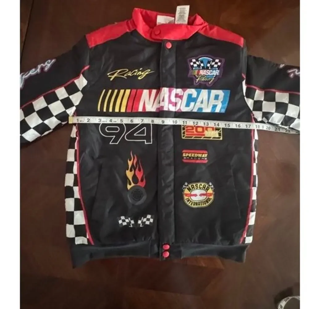 NASCAR Racing Boys 10/12 Black Red #94 Bomber Jacket Checkered Race Car